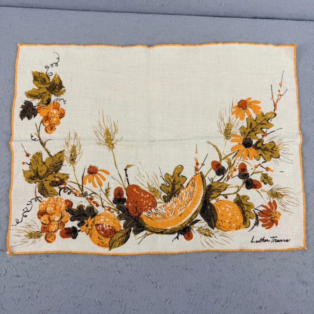 7pc Vtg Signed Luther Travis Fall Harvest Linen Set 4 Placemats‎ 3 Napkins Wheat